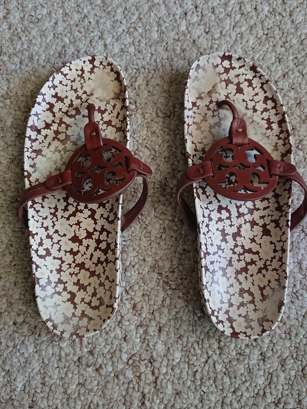 Tory Burch Miller Cloud leather sandals in a burnt cuoio floral print size 9.5